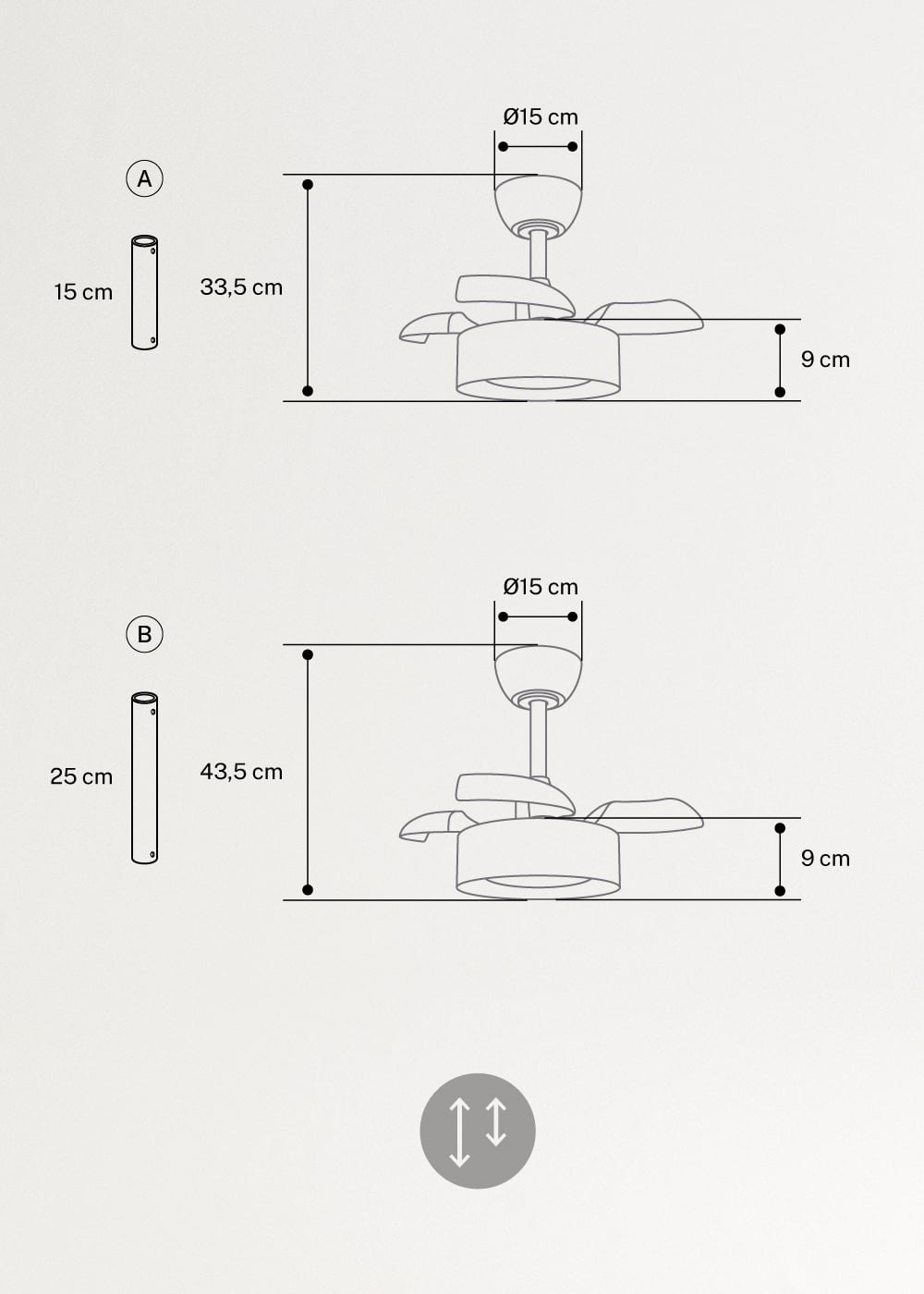 WIND CLEAR LAMP - Ventilateur de plafond 40W silencieux Ø55cm avec pales rétractables et lumière LED, medidas foto vertical