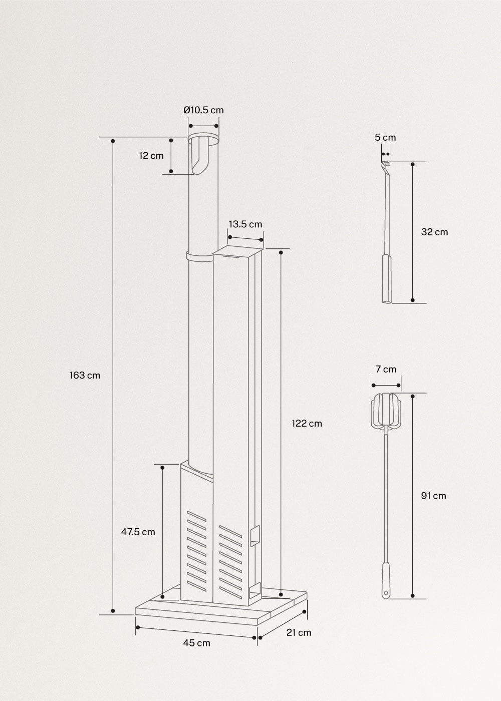 FIRE TUBE HEATER SLIM - Poêle d’extérieur 8,2 kW à pellets sans fumée, medidas foto vertical