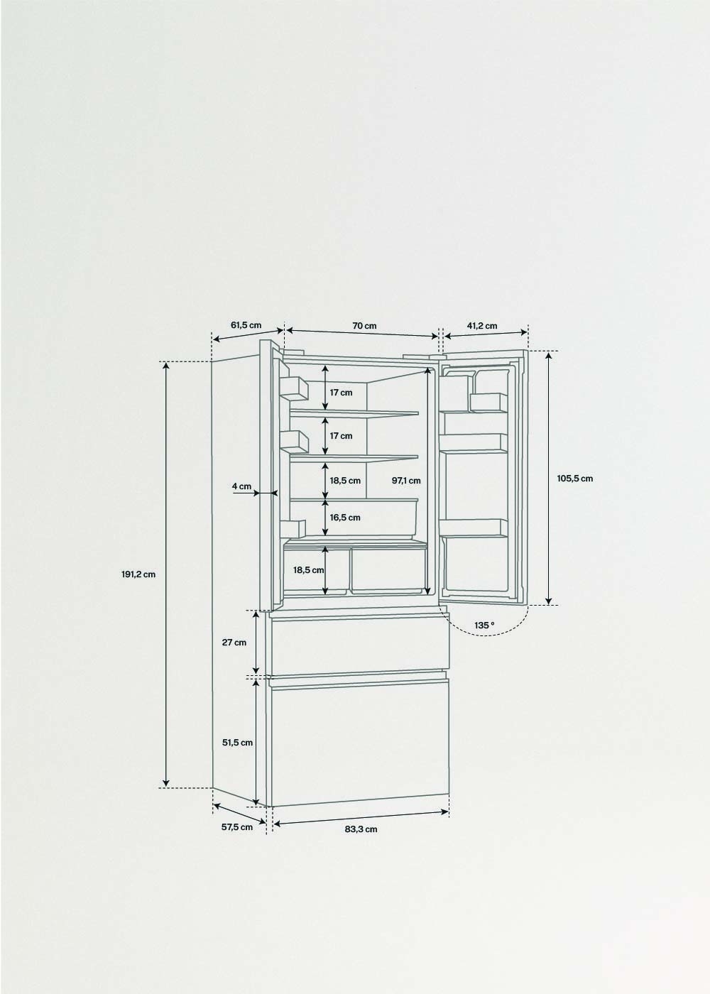 FRIDGE STUDIO FRENCH DOOR PRO 509 - Réfrigérateur à porte française 509L No Frost avec Space Pro et Care+, medidas foto vertical