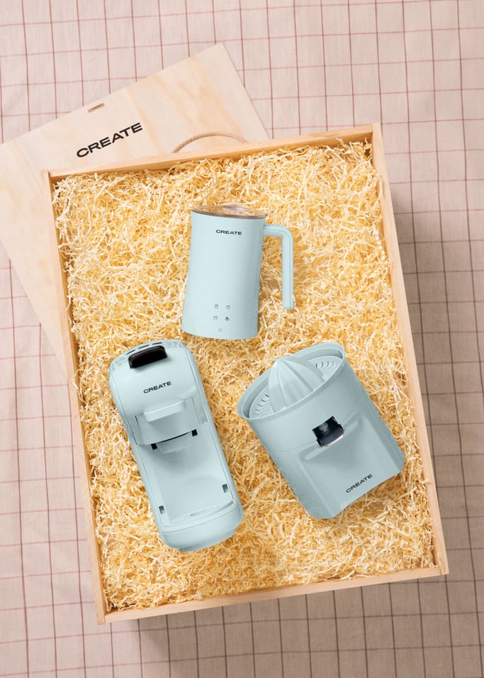 BREAKFAST BOX - Coffret cadeau contenant cafetière multi-dosettes express + mousseur à lait + presse-agrumes, image de la galerie 1