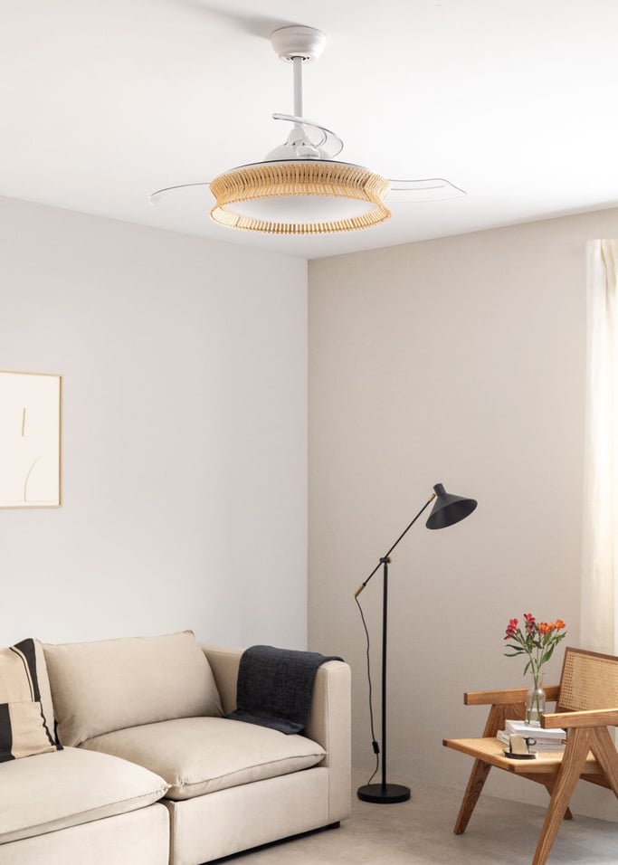 WIND CLEAR RATTAN - Ventilateur de plafond silencieux 40W Ø108cm lames rétractables avec éclairage LED de 36W, image de la galerie 3