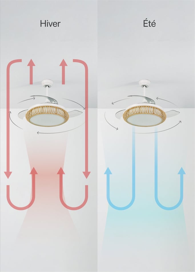 WIND CLEAR RATTAN - Ventilateur de plafond silencieux 40W Ø108cm lames rétractables avec éclairage LED de 36W, image de la galerie 5
