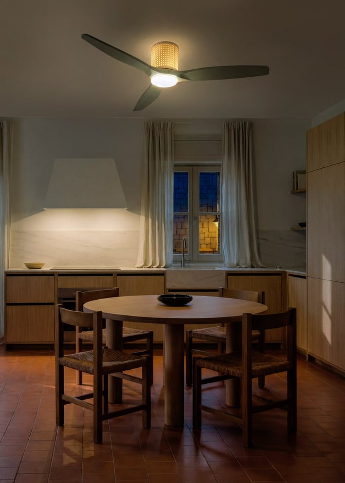 WIND CALM CUSTOM RATTAN - Ventilateur de plafond 40W silencieux Ø132 cm avec éclairage LED dans le corps et la lampe, image de la galerie 2