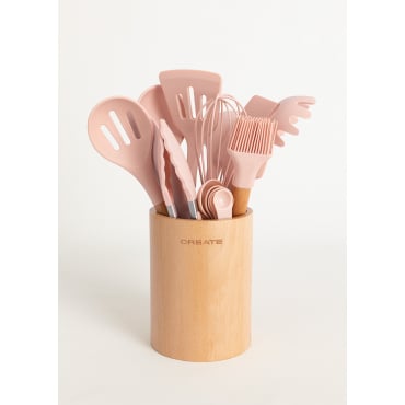 Set Di 3 Utensili Da Cucina In Silicone San Ignacio Ordea - Spatola, Mestolo Forato E Mestolo, Manico In Legno, Collezione Ordesa Grigio - 3