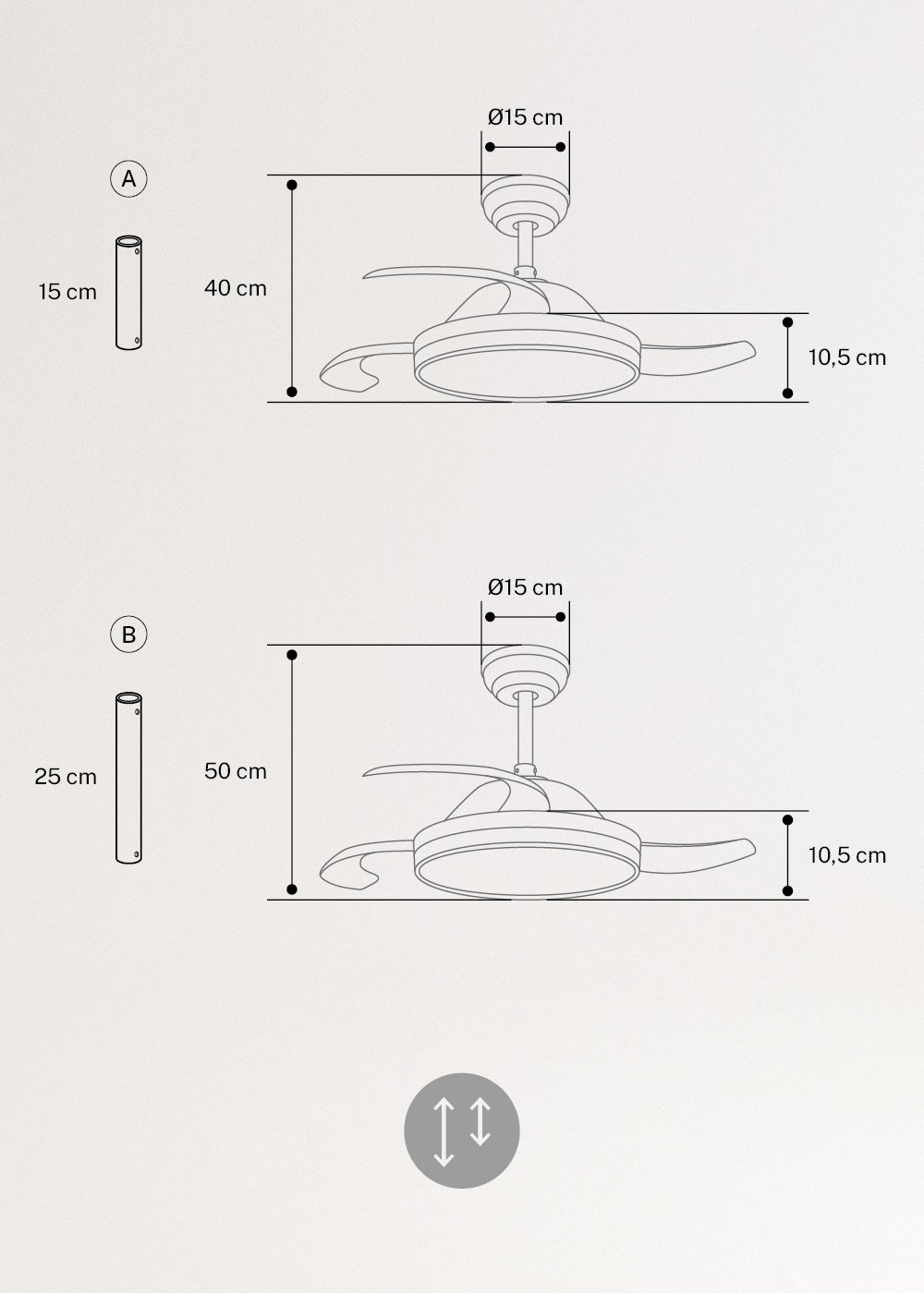 WIND CLEAR - Ventilatore da soffitto 40W silenzioso a pale retrattili con luce LED varie dimensioni, medidas foto vertical