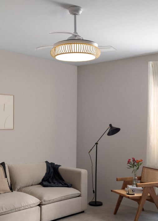 WIND CLEAR RATTAN - Ventilatore da soffitto 40W silenzioso Ø108cm lame retrattili con luce LED da 36W