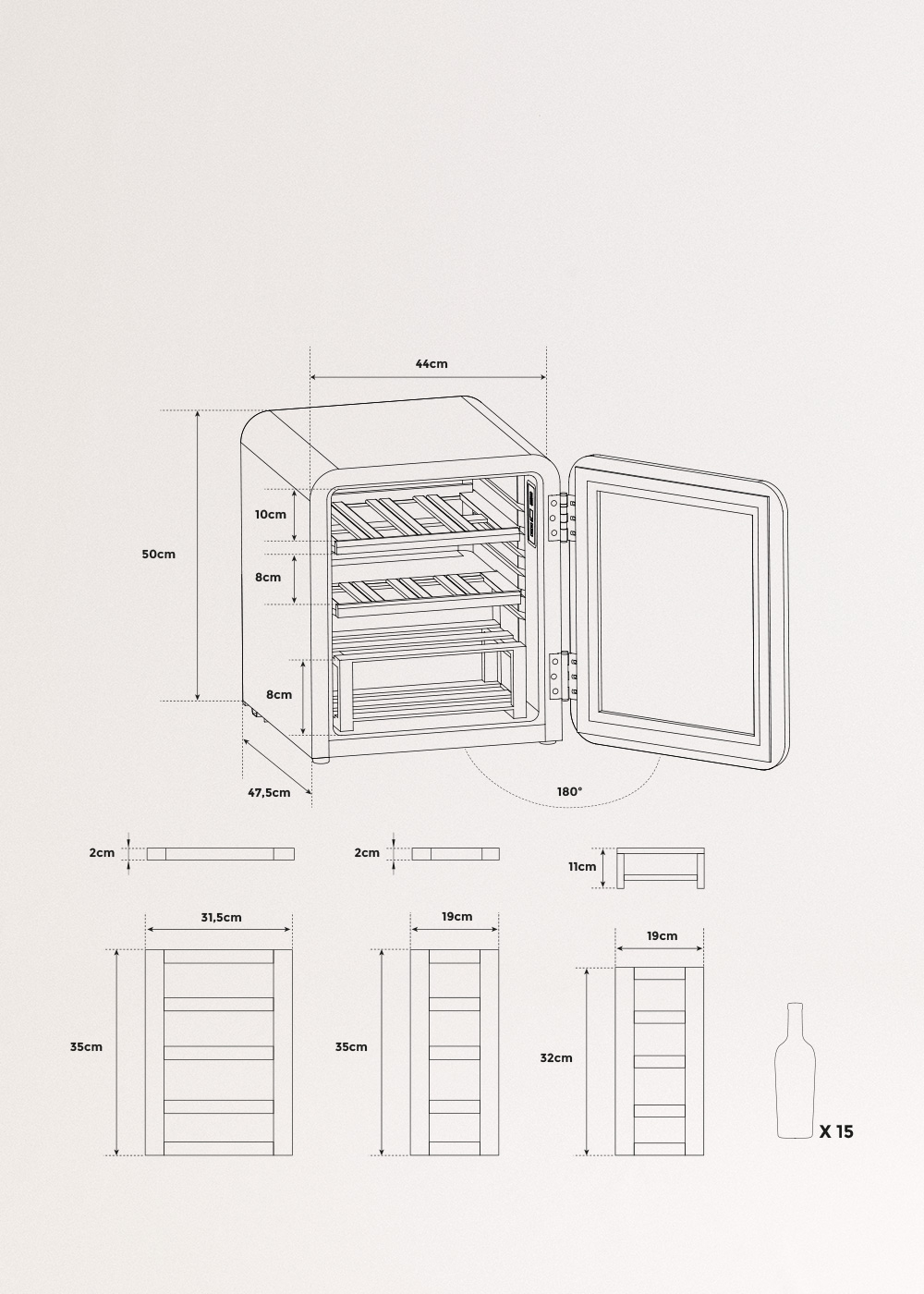 WINECOOLER RETRO - Raffreddatore di vino elettrico in stile retrò per 12, 45 o 76 bottiglie, medidas foto vertical