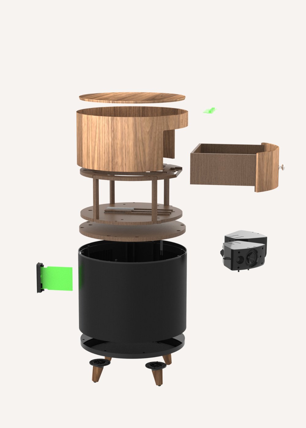 SPEAKER TABLE BASS - Tavolo speaker con subwoofer, bluetooth, ricarica wireless e cassetto portaoggetti, medidas foto vertical