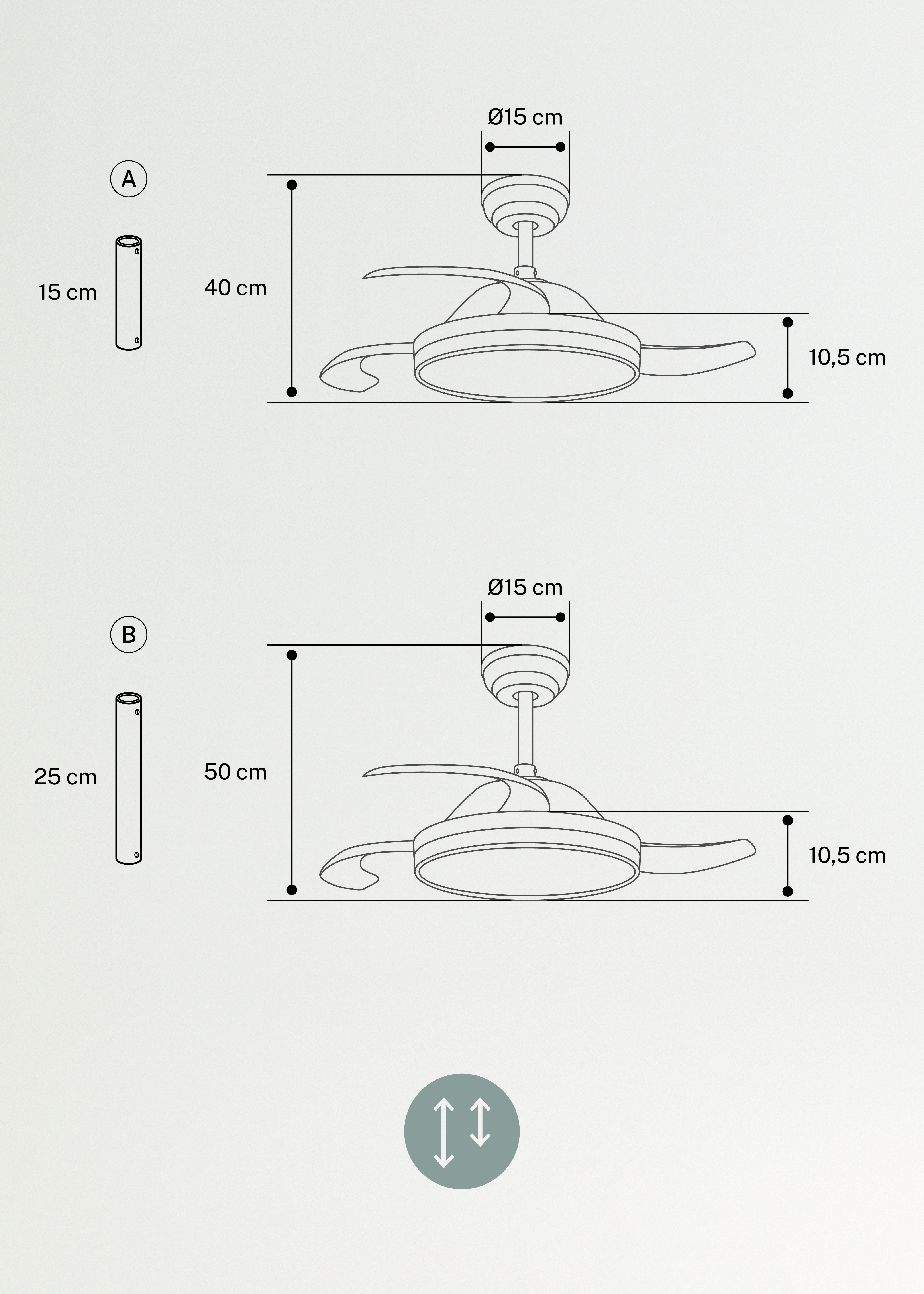 WIND CLEAR - Ventilatore da soffitto 40W silenzioso a pale retrattili con luce LED varie dimensioni, medidas foto vertical