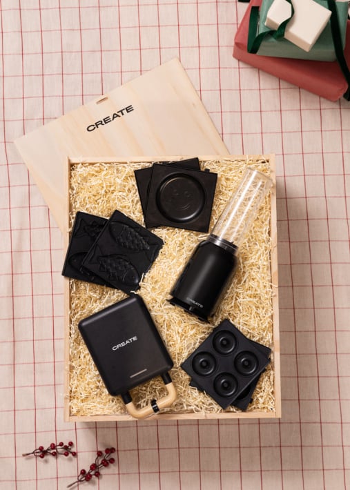 BRUNCH BOX - Confezione regalo con frullatore + tostiera per panini, grill e waffle individuale + tre piastre intercambiabili