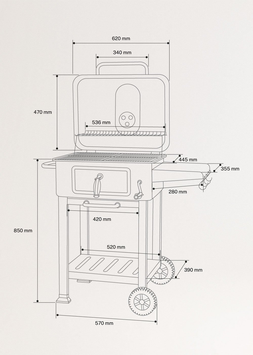 BBQ SMOKEY PRO - Barbecue affumicatore a carbone con griglia regolabile e tavolino, medidas foto vertical