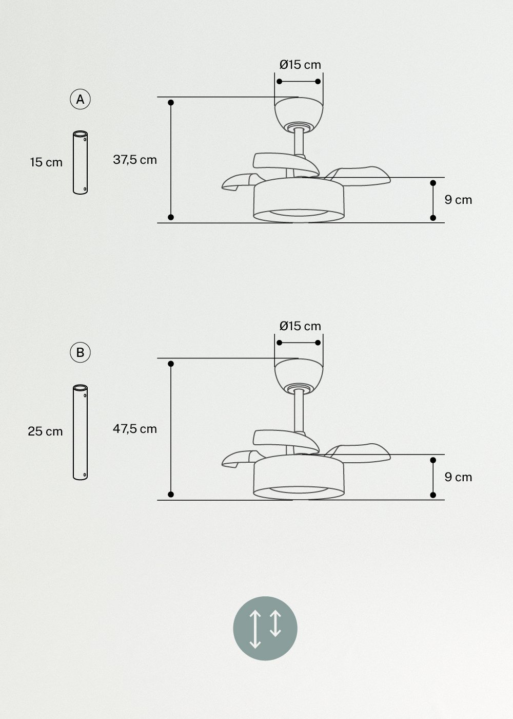 WIND CLEAR LAMP - Ventilatore da soffitto silenzioso da 40W Ø55cm con pale retrattili e luce LED, medidas foto vertical