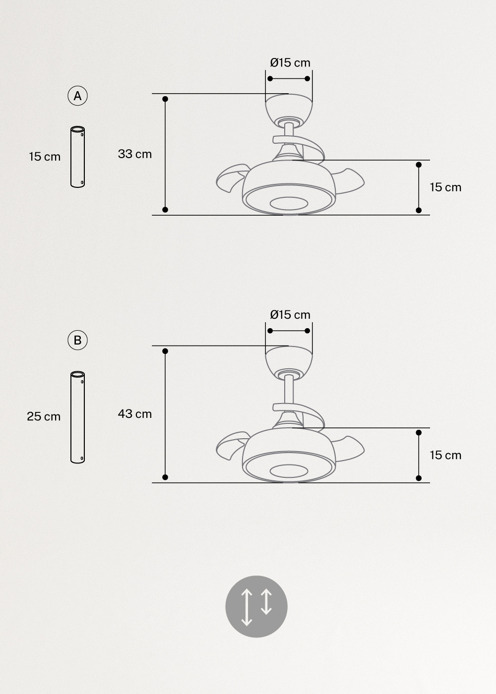 WIND CLEAR CUP - Ventilatore da soffitto 40W silenzioso Ø55cm a pale retrattili con luce LED, medidas foto vertical