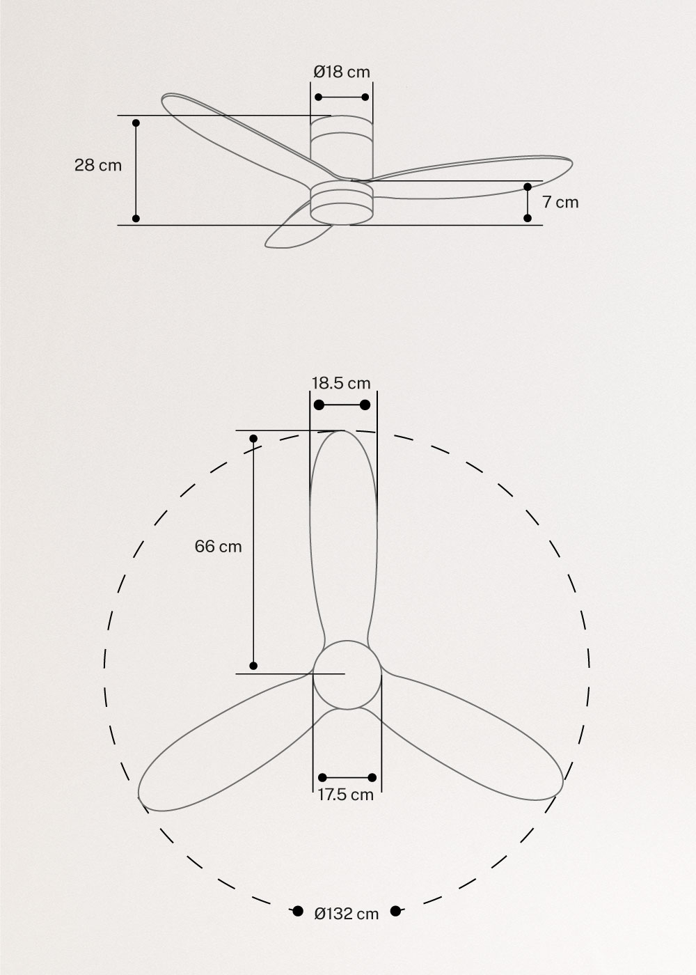 WIND LITE - Ventilatore da soffitto silenzioso 40W Ø132 cm adatto per interni ed esterni, medidas foto vertical