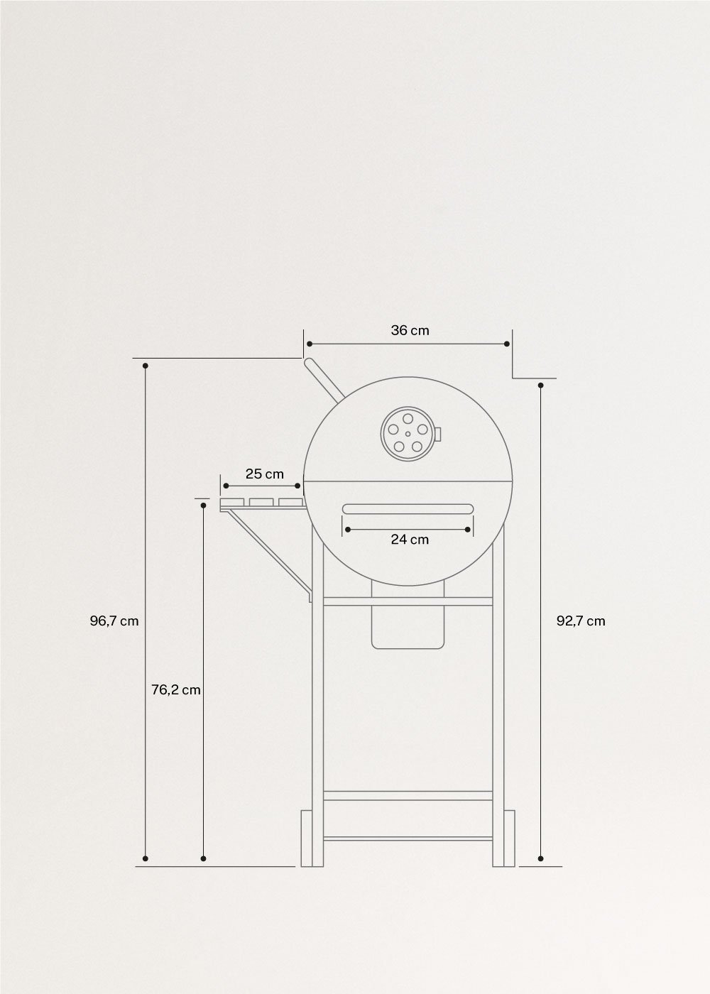 BBQ SMOKEY - Barbecue affumicatore a carbone con ruote, medidas foto vertical
