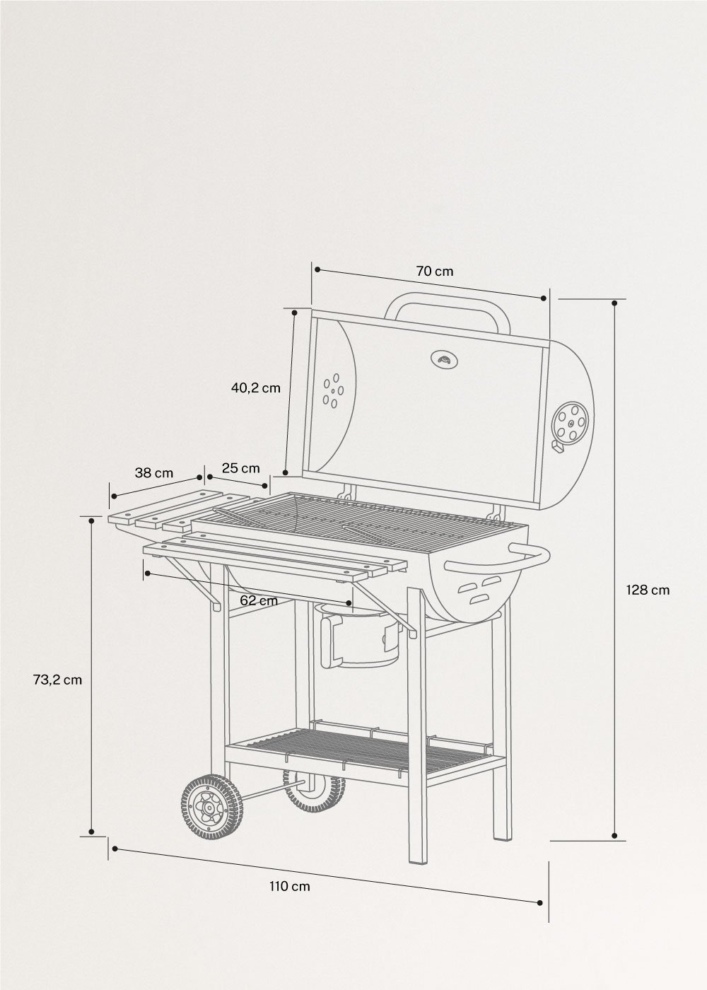 BBQ SMOKEY EASY - Barbecue affumicatore a carbone con ruote, medidas foto vertical
