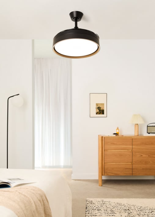 WIND CLEAR EDGE - Ventilatore da soffitto silenzioso 40 W Ø107 cm con pale retrattili e luce LED