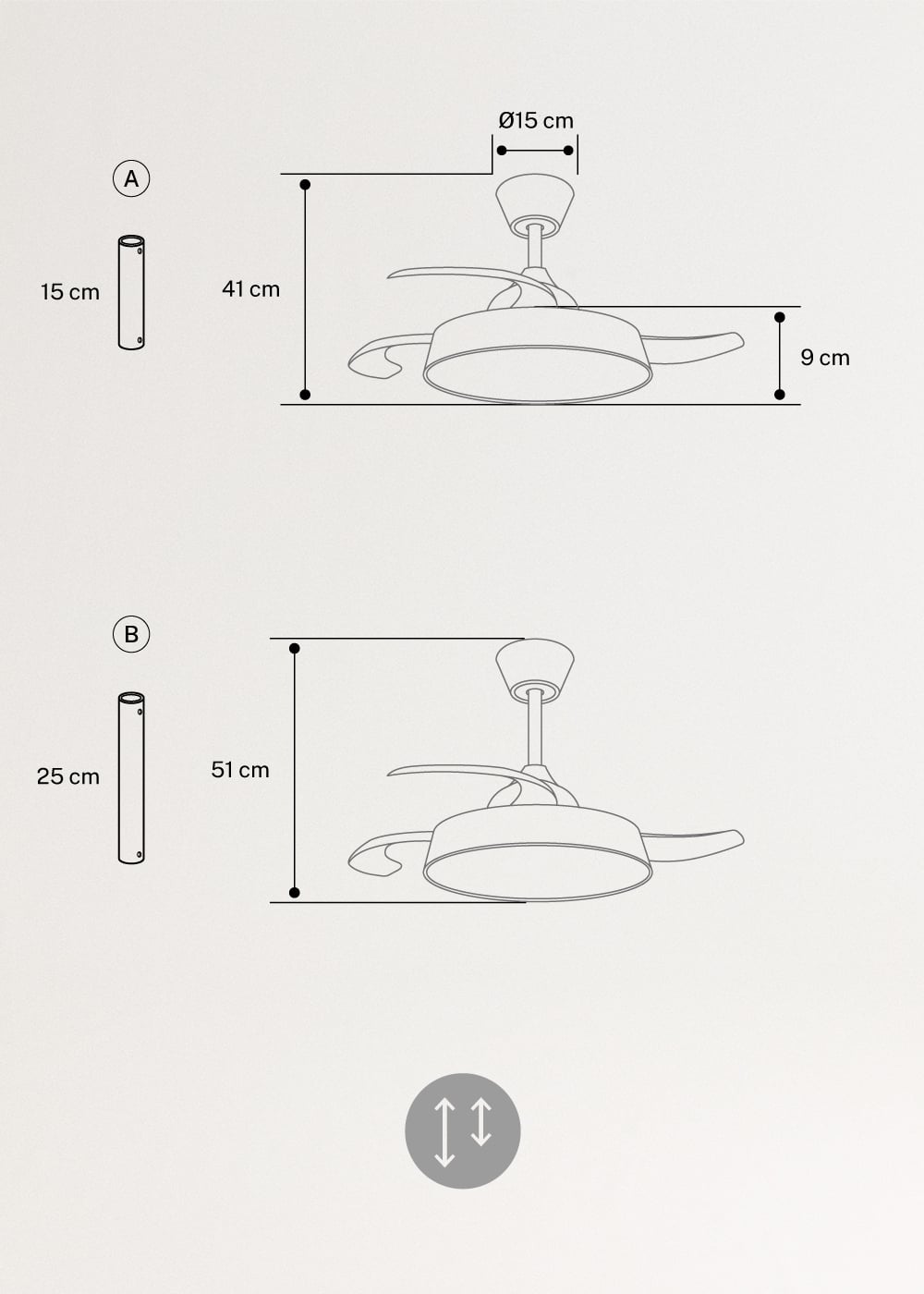 WIND CLEAR CONTOUR  - Ventilatore da soffitto silenzioso 40 W Ø107 cm con pale retrattili e luce LED, medidas foto vertical