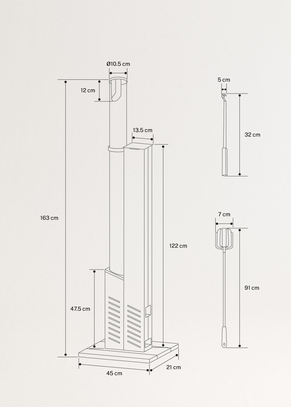 FIRE TUBE HEATER SLIM - Stufa da esterno 8,2 kW a pellet senza fumo, medidas foto vertical