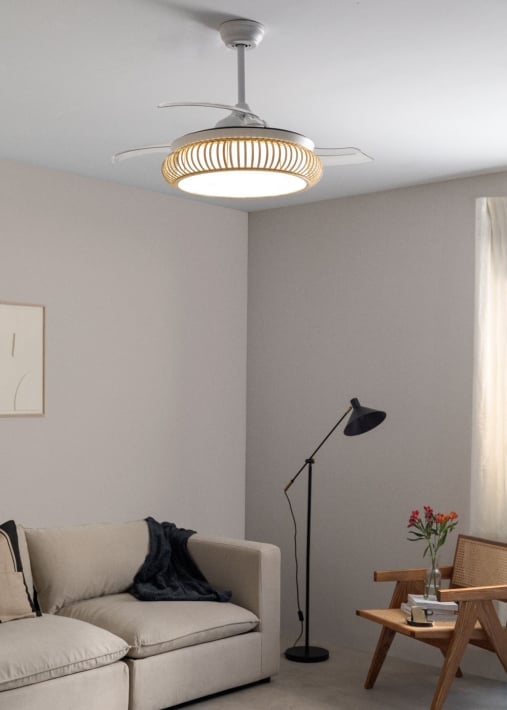 Acquista WIND CLEAR RATTAN - Ventilatore da soffitto 40W silenzioso Ø108cm lame retrattili con luce LED da 36W