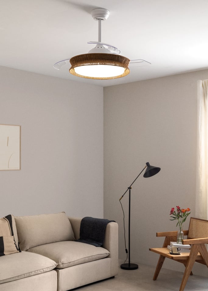 WIND CLEAR RATTAN - Ventilatore da soffitto 40W silenzioso Ø107cm lame retrattili, Immagine di galleria 1