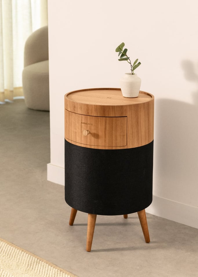 SPEAKER TABLE BASS - Tavolo speaker con subwoofer, bluetooth, ricarica wireless e cassetto portaoggetti, Immagine di galleria 1