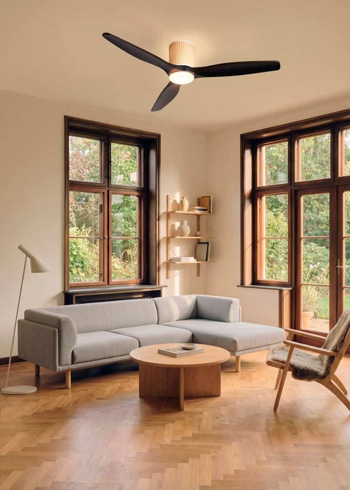 WIND CALM CUSTOM RATTAN - Ventilador de techo 40W silencioso Ø132 cm con luz LED en cuerpo y lámpara, Immagine di galleria 1