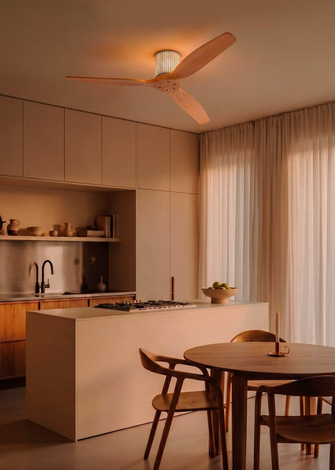 WIND CALM CUSTOM RATTAN - Ventilador de techo 40W silencioso Ø132 cm con luz LED en cuerpo y lámpara, Immagine di galleria 1