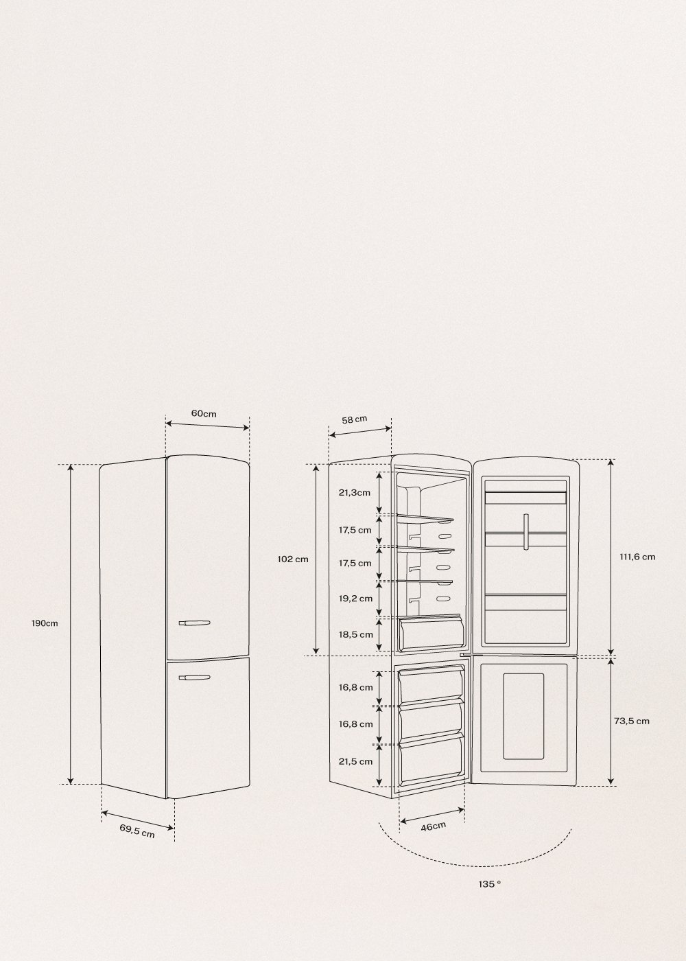 FRIDGE STYLANCE 330L - Retro-stijl combikoelkast, medidas foto vertical