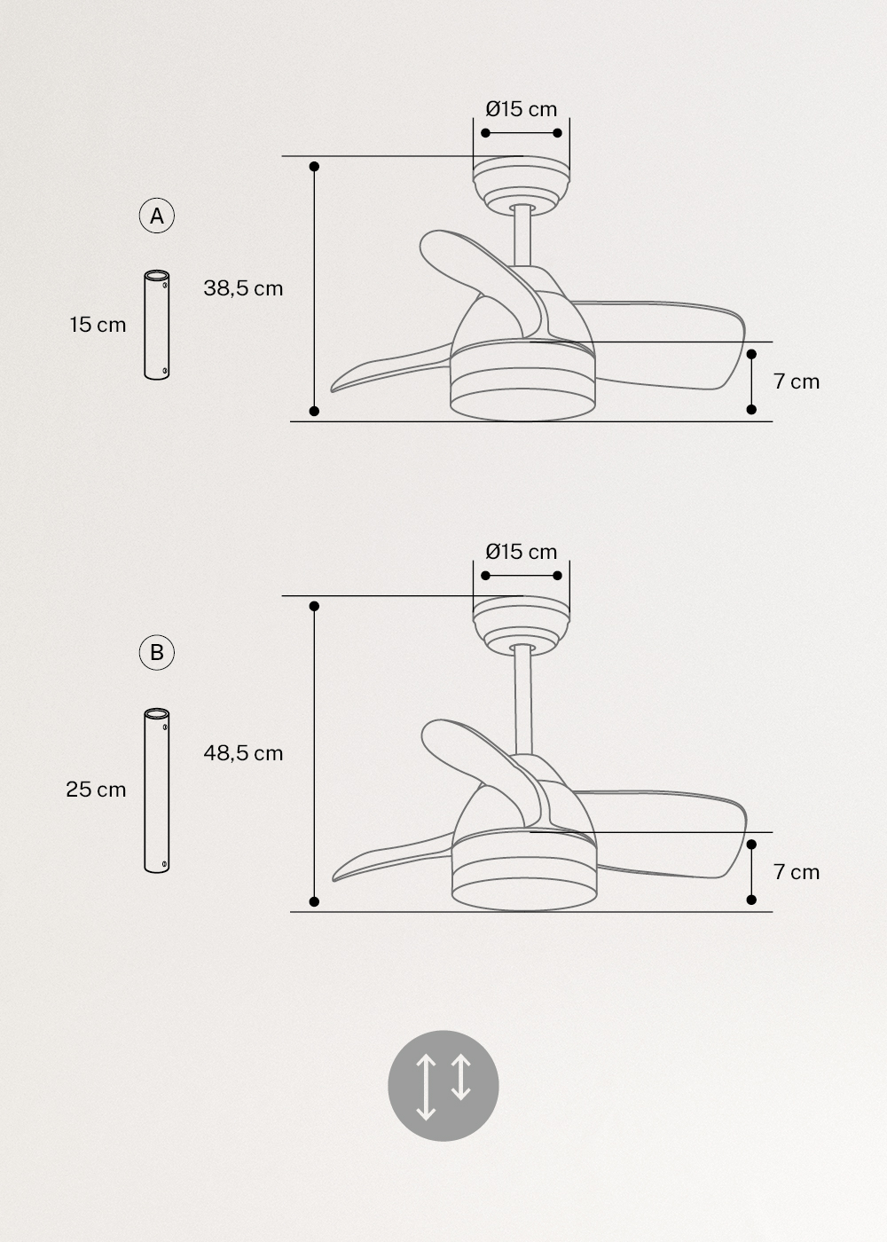 WIND ROUND - Plafondventilator 40W silent Ø76 cm met ledlicht van 15W, medidas foto vertical