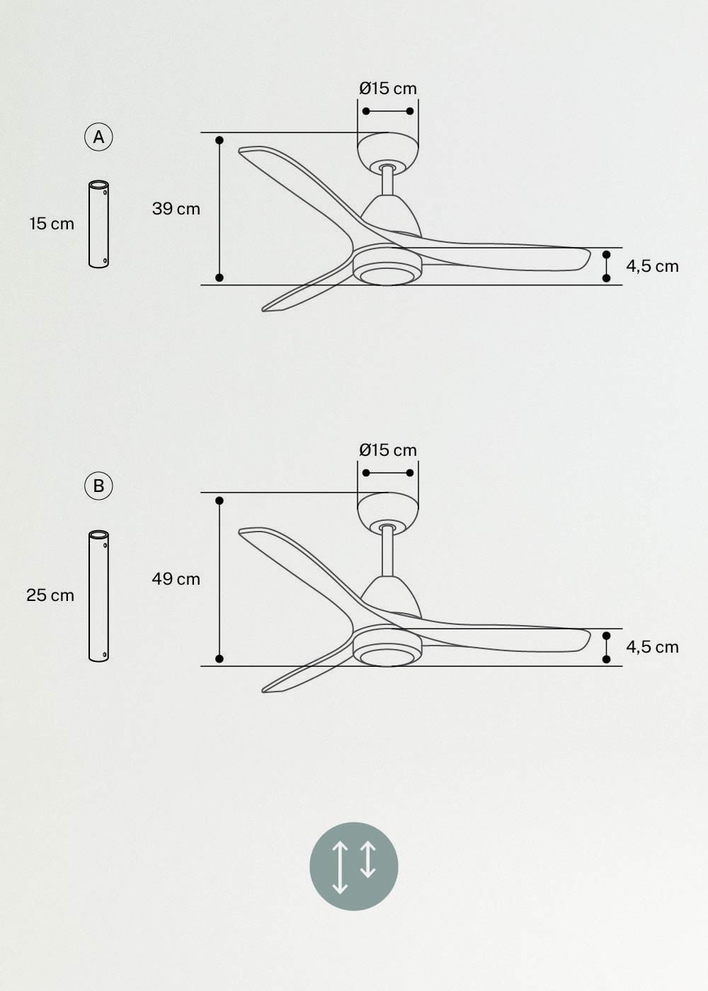 WIND CUP - Plafondventilator 40W silent Ø132 cm 100% hout, medidas foto vertical