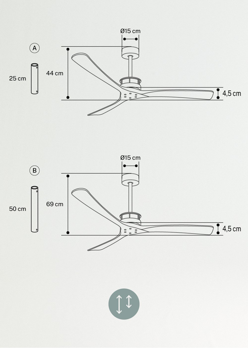 WIND LARGE - Plafondventilator 40W silent Ø152 cm 100% hout, medidas foto vertical