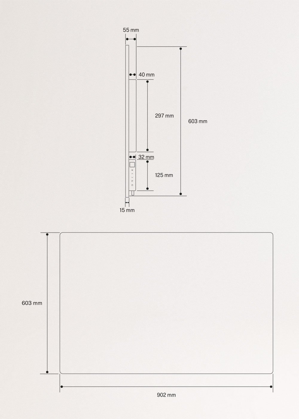 WARM MINIMAL IR - Infrarood wandverwarming met WiFi, medidas foto vertical