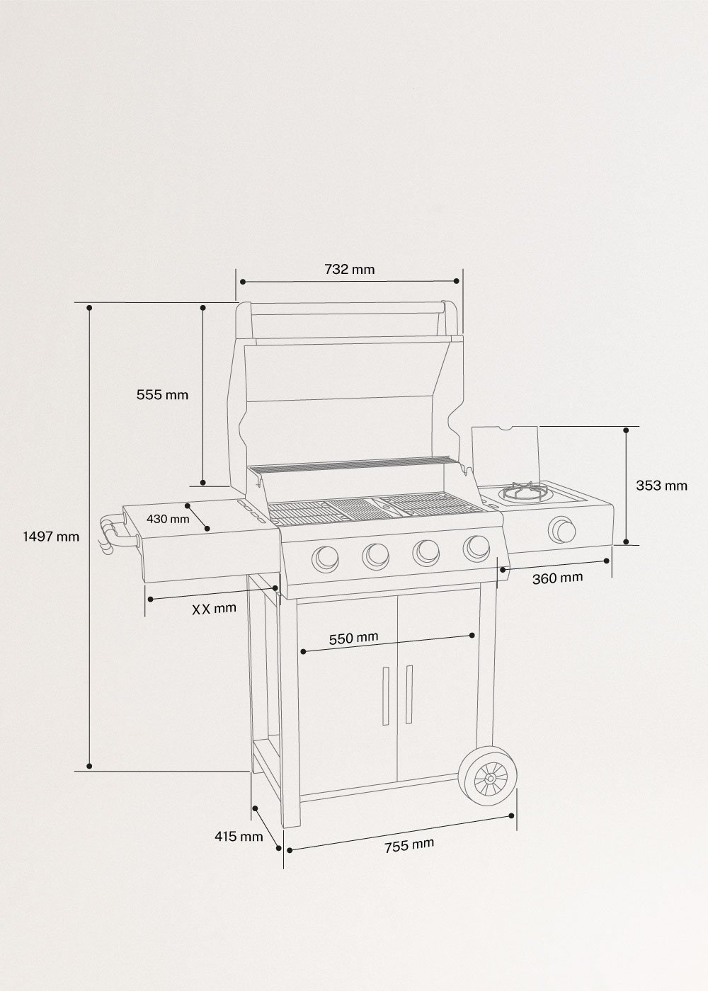 BBQ GAS BURNER PRO - Gasbarbecue met zijbrander en bijzettafel, medidas foto vertical
