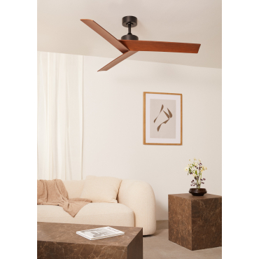 CREATE Windstyle Plafondventilator, zwart, donkerhouten vleugels met wandschakelaar en afstandsbediening, 40 W, stil, 132 cm, 6 snelheden, timer, zomer-wintermodus, dubbele hoogte