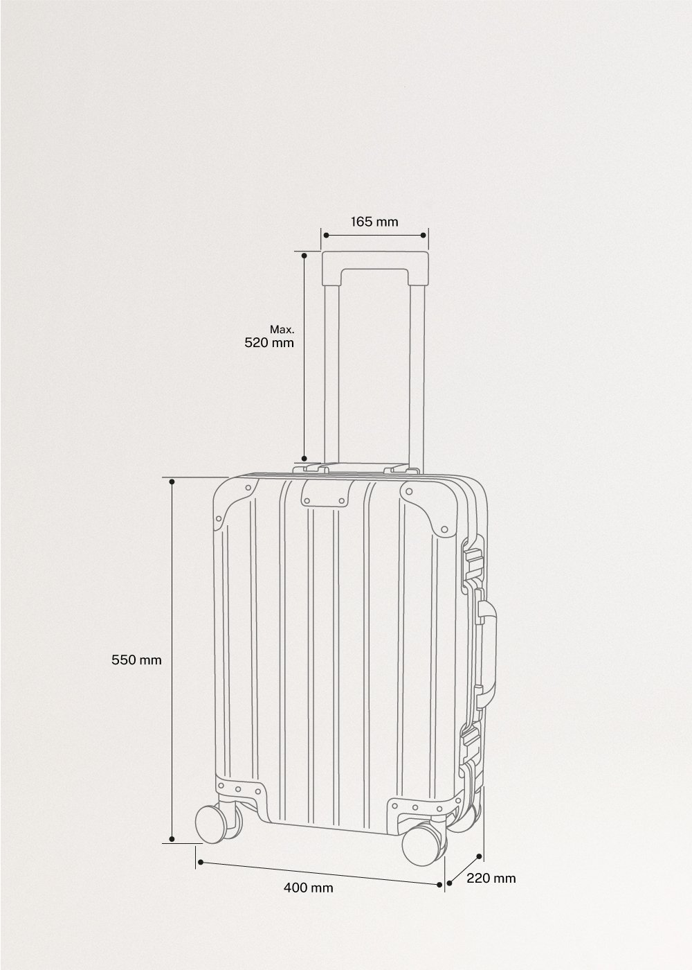 LUGGAGE ALUMINIUM - Harde aluminium koffer met TSA-slot en multidirectionele wielen, medidas foto vertical