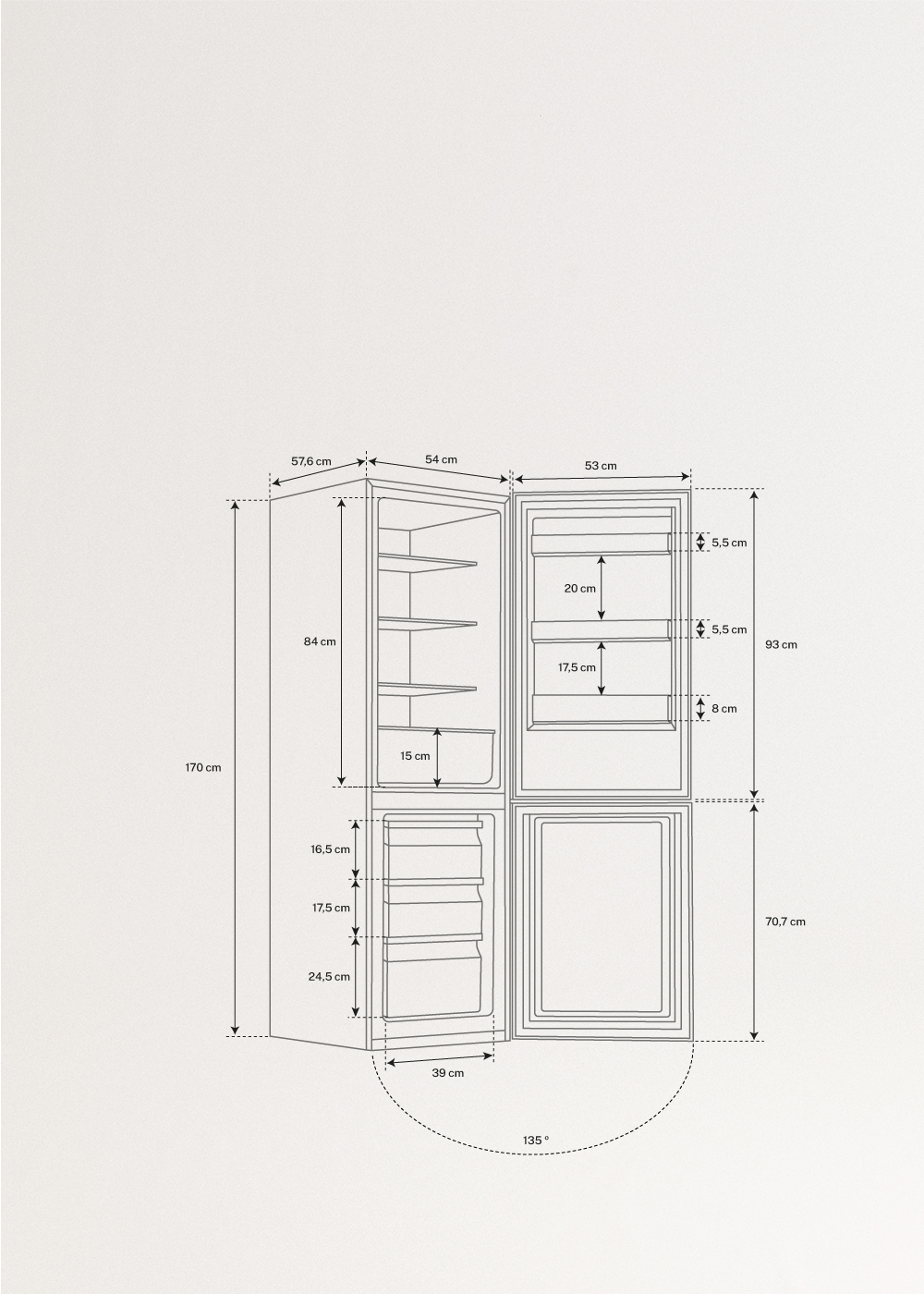 FRIDGE STUDIO COMBI 231 - 231L No Frost combi-koelvriescombinatie, medidas foto vertical
