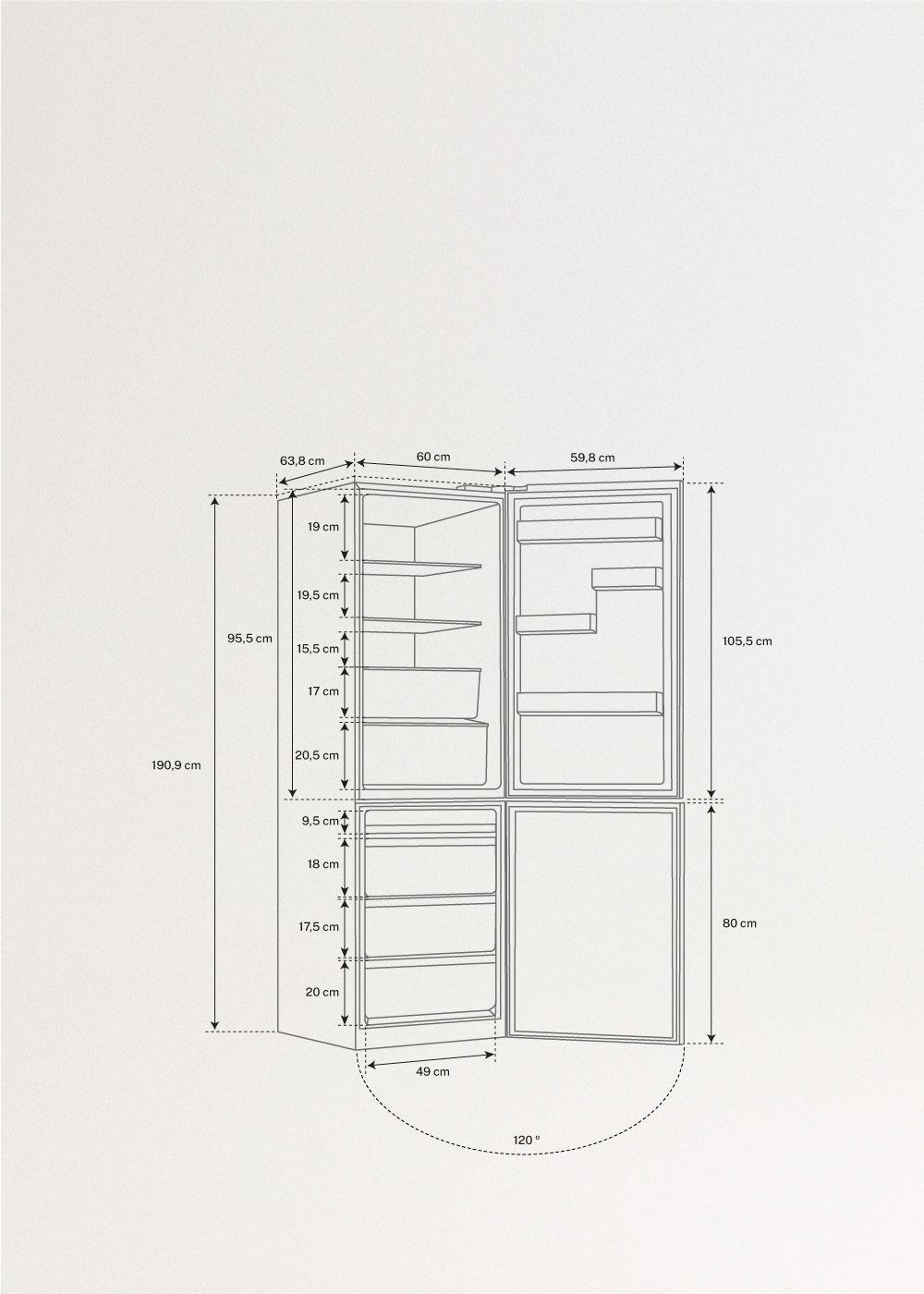 FRIDGE STUDIO COMBI PRO 402 - 402L No Frost combi-koelvriescombinatie met Space Pro en Care+, medidas foto vertical