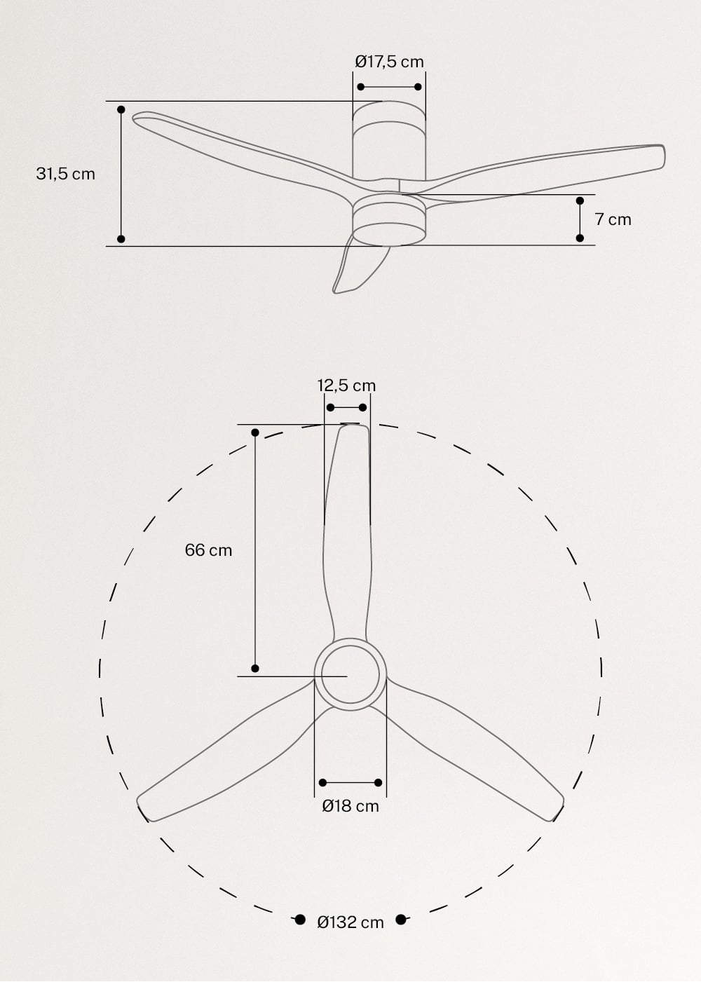 WIND CALM - Stille 40W plafondventilator met technische ABS bladen in verschillende maten, medidas foto vertical