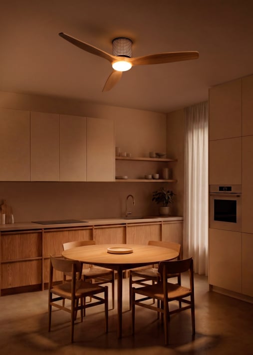 WIND CALM CUSTOM RATTAN - Plafondventilator 40W stil Ø132 cm met LED verlichting in behuizing en lamp