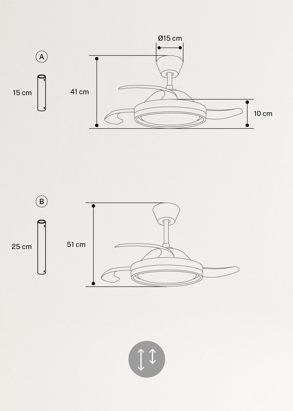 WIND CLEAR EDGE - Stille plafondventilator 40 W Ø107 cm met intrekbare bladen en LED-licht, medidas foto vertical