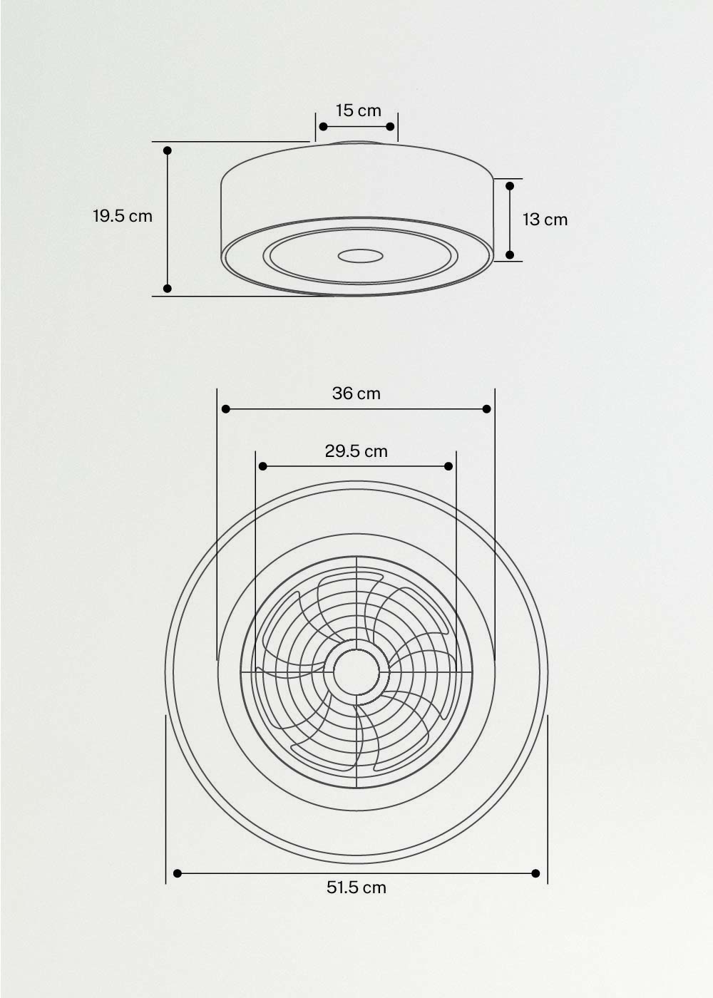 WIND CLEAR EASY - Stille plafondventilator 40W Ø50 cm met verborgen bladen en LED-verlichting, medidas foto vertical