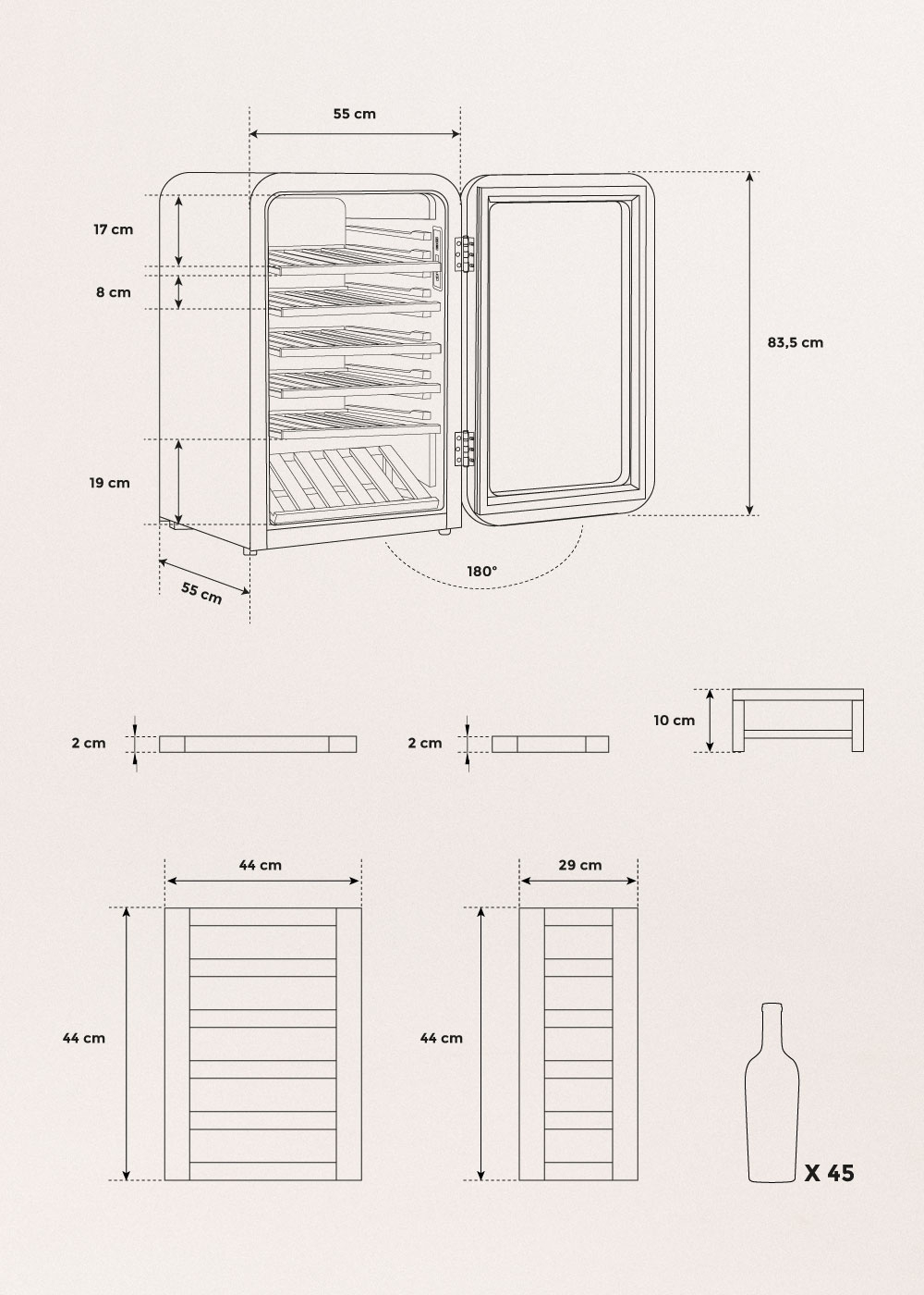 WINECOOLER RETRO - Elektrische wijnkast in retrostijl met 12, 24,  45 of 76 flessen, medidas foto vertical
