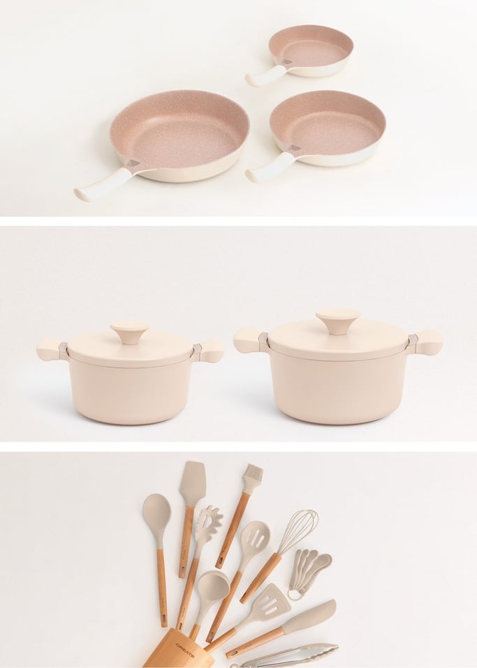 Keukenset 3 KOEkoekenpannen KENPANNEN PAN STUDIO, 2 kookpannen POT STUDIO en set keukenspullen KITCHENWARE STUDIO, afbeelding van de galerij 1