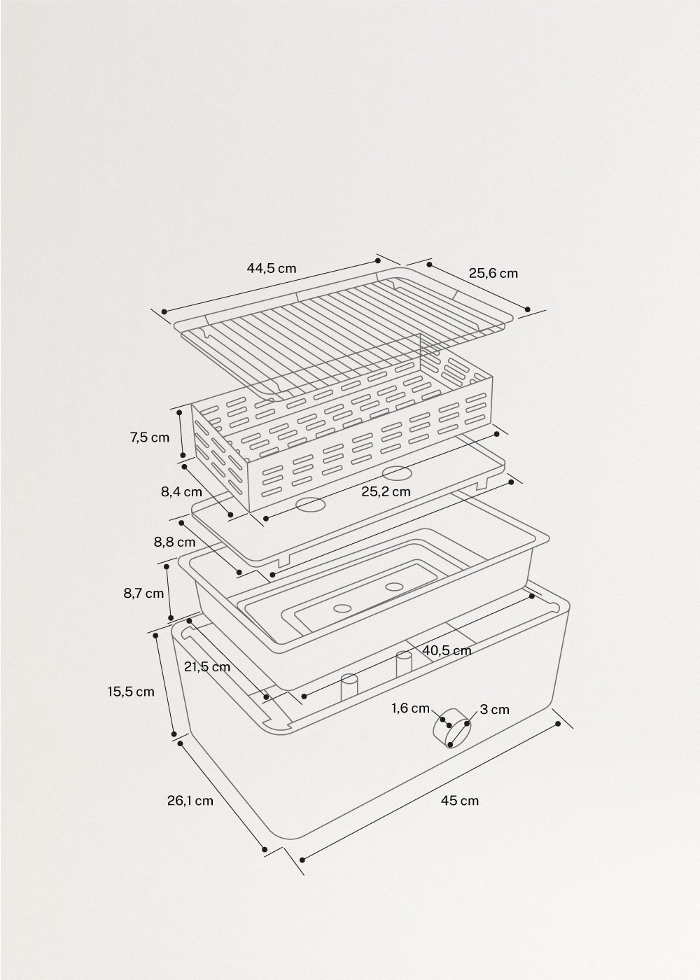 BBQ COMPACT - Przenośny grill na węgiel o niskiej emisji dymu, medidas foto vertical