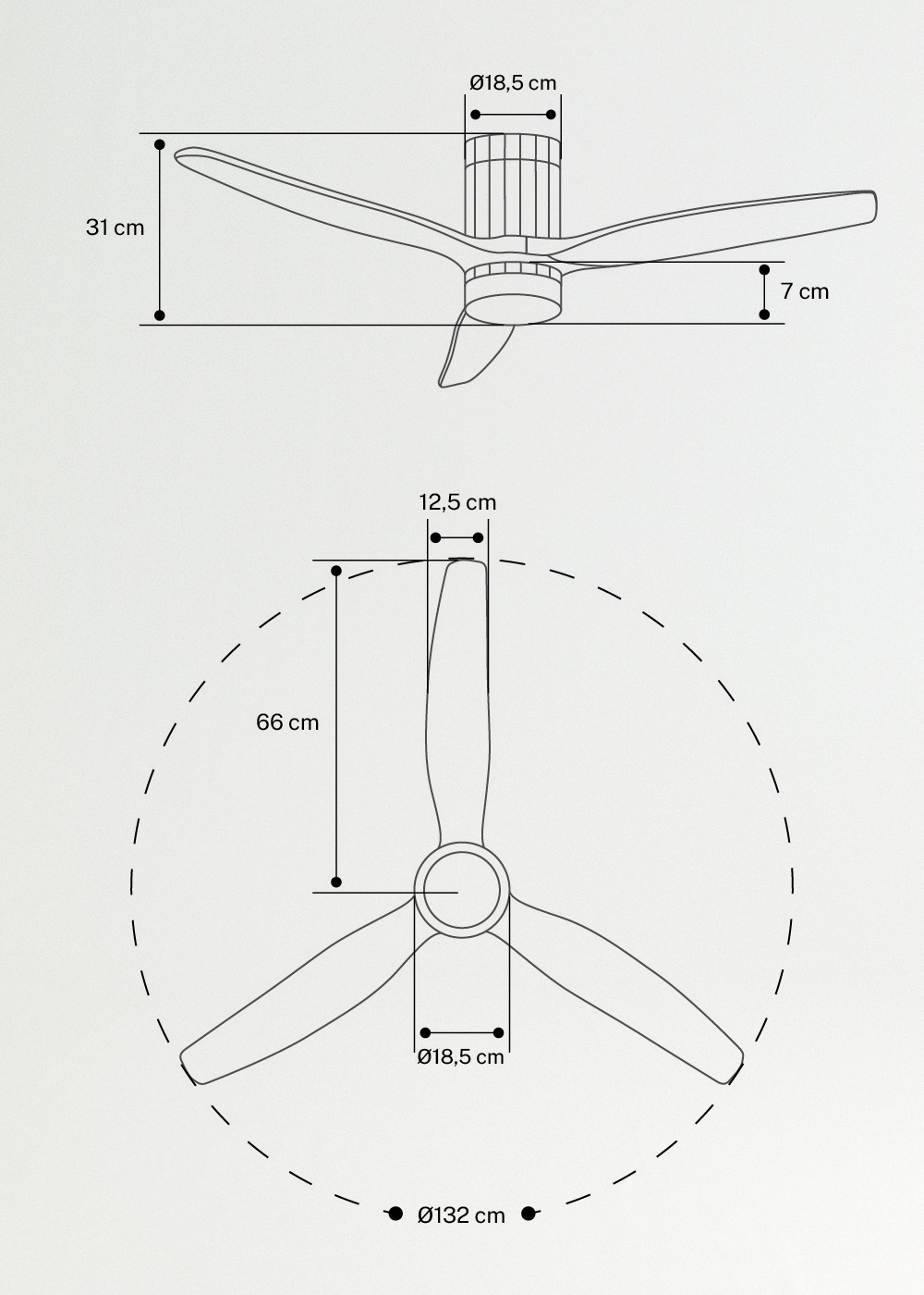 WIND CALM LINE - Wentylator sufitowy 40W cichy Ø132 cm 100% drewna, medidas foto vertical