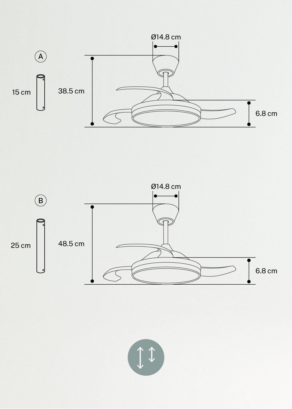 WIND CLEAR - Wentylator sufitowy 40W z cicho wysuwanymi łopatkami i oświetleniem LED, różne rozmiary
, medidas foto vertical
