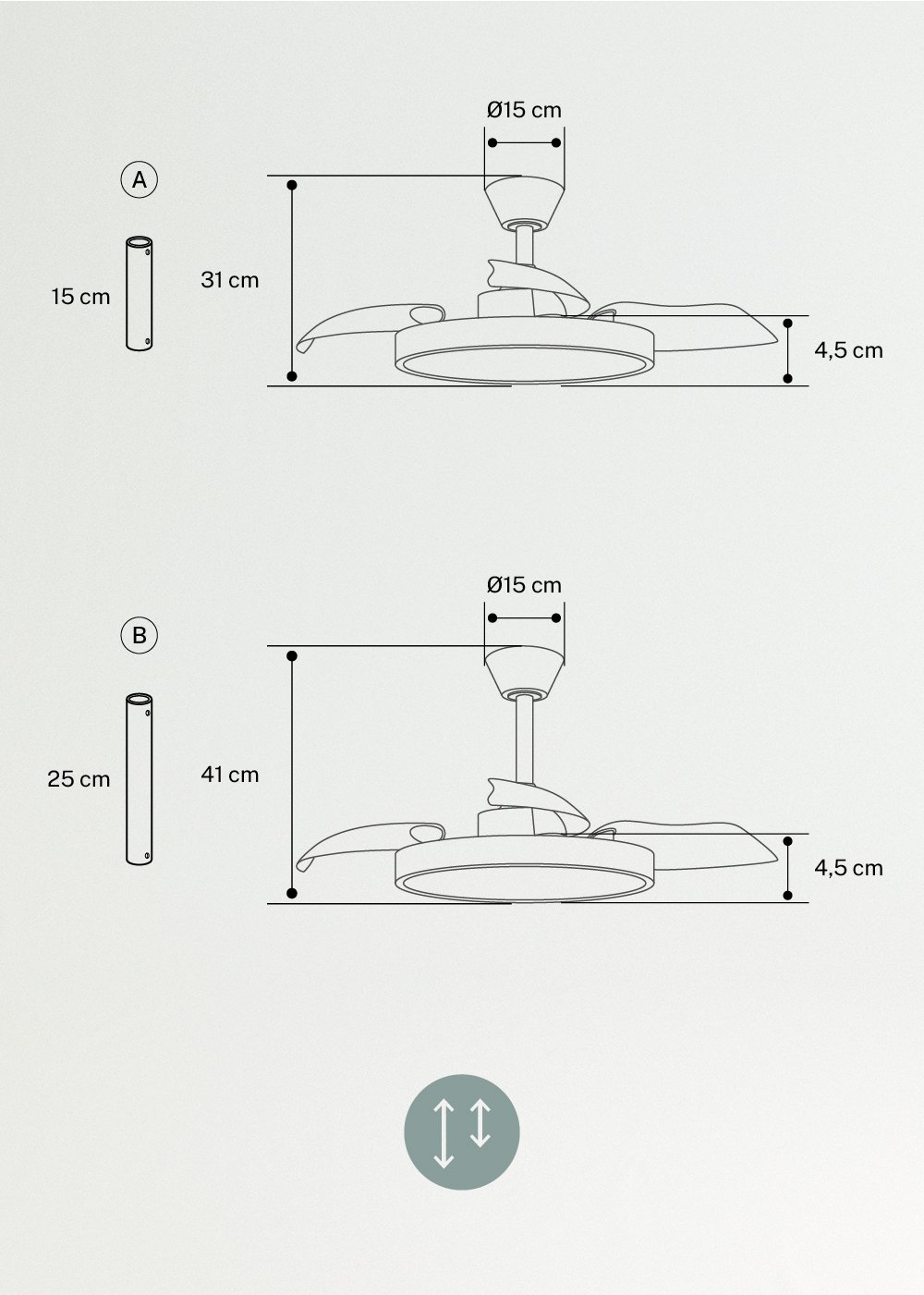 WIND CLEAR STUDIO - Wentylator sufitowy 40W cichy z chowanymi łopatkami i oświetleniem LED, różne rozmiary, medidas foto vertical