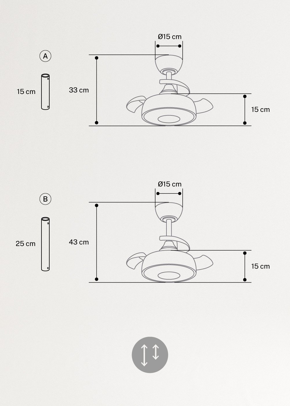 WIND CLEAR CUP - Wentylator sufitowy 40W cichy Ø55cm z wysuwanymi łopatkami i oświetleniem LED, medidas foto vertical