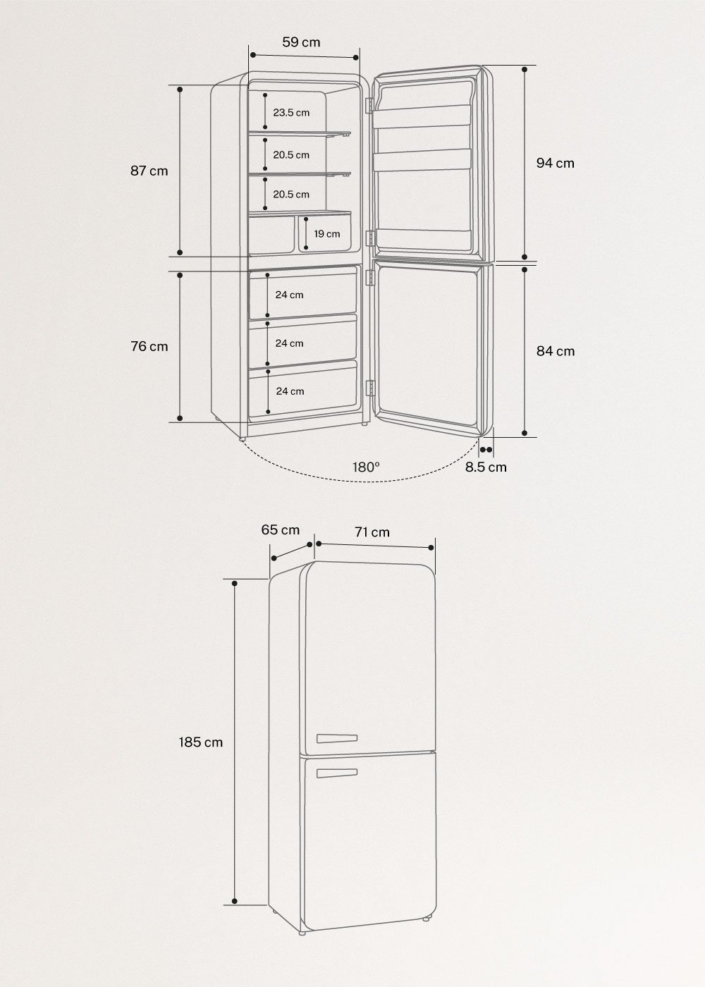FRIDGE RETRO COMBI - Lodówka kombinowana w stylu retro 401L, medidas foto vertical